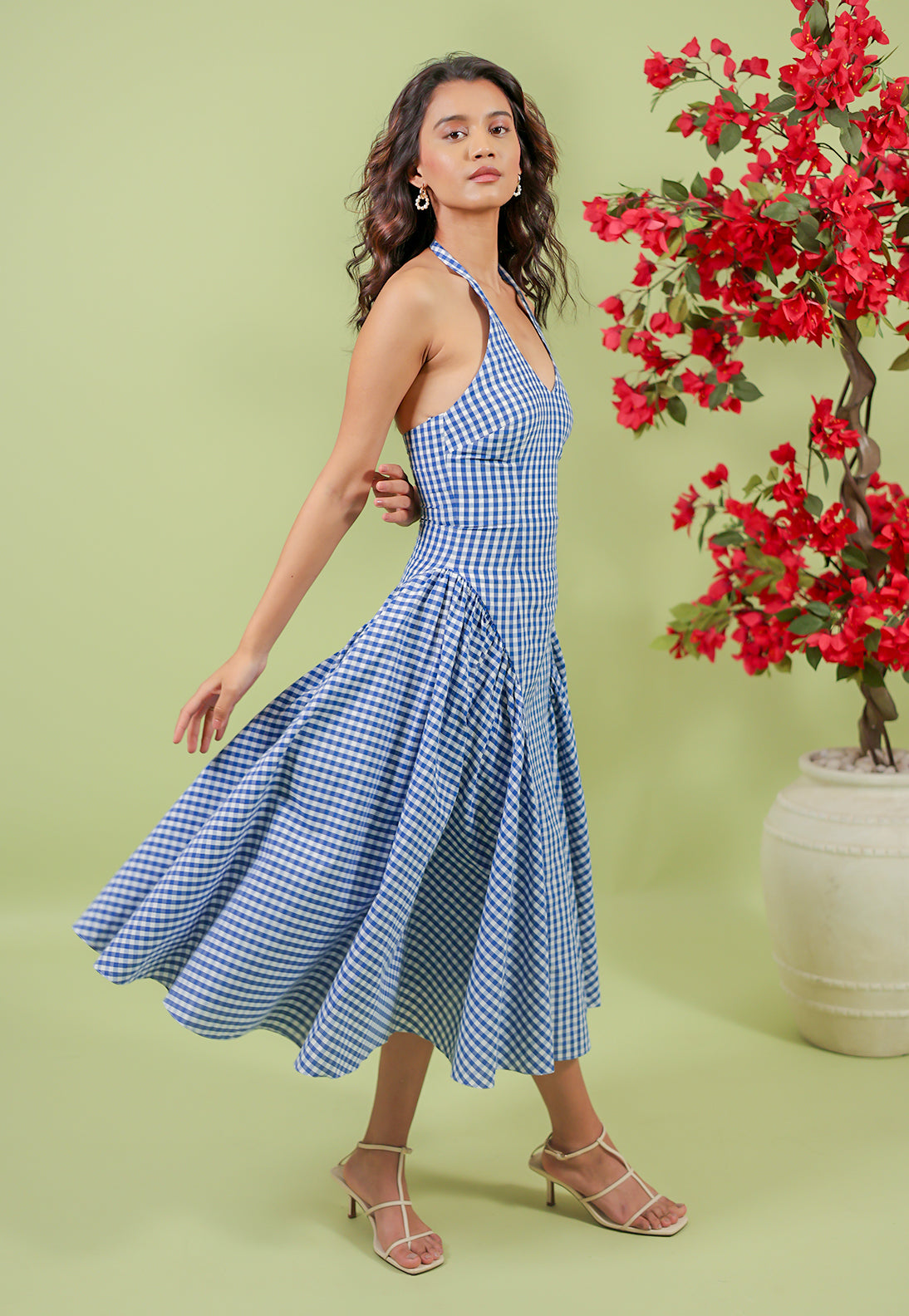 Blue Gingham Midi Dress | Sustainable Vacation & Brunch Wear Nobo M Blue Gingham Midi Dress | Sustainable Vacation & Brunch Wear Nobo M