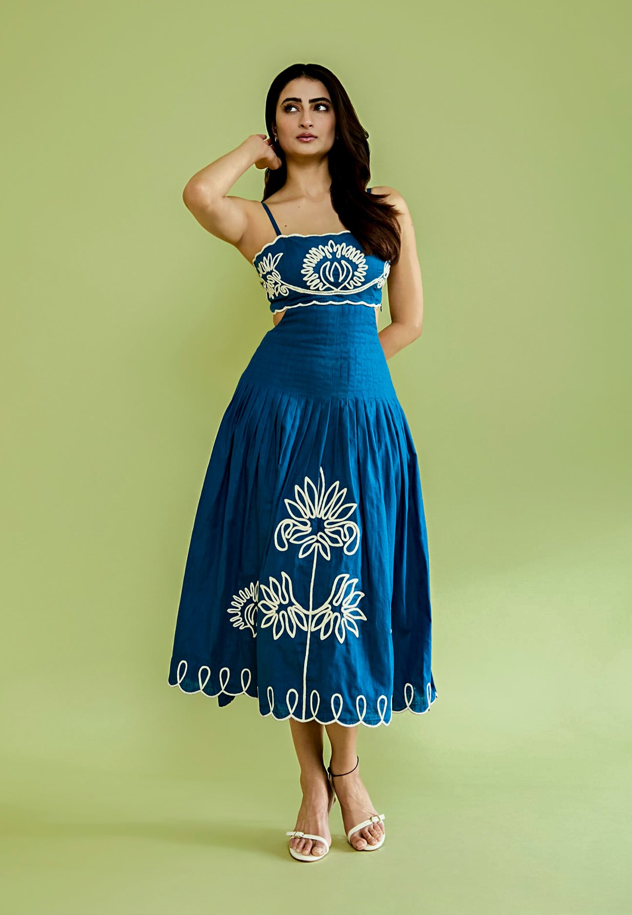 Blue Linen Embroidered Midi Dress | Sustainable & Chic Nobo L Blue Linen Embroidered Midi Dress | Sustainable & Chic Nobo L
