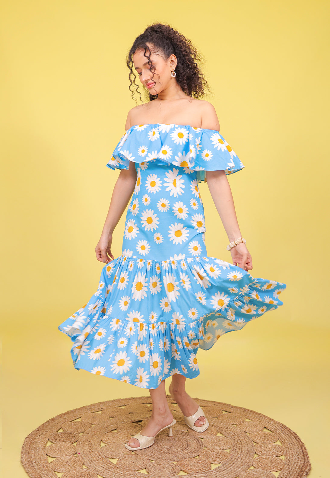 Daisy Bloom Off-Shoulder Cotton Midi Dress | Sustainable & Breezy XS Daisy Bloom Off-Shoulder Cotton Midi Dress | Sustainable & Breezy XS