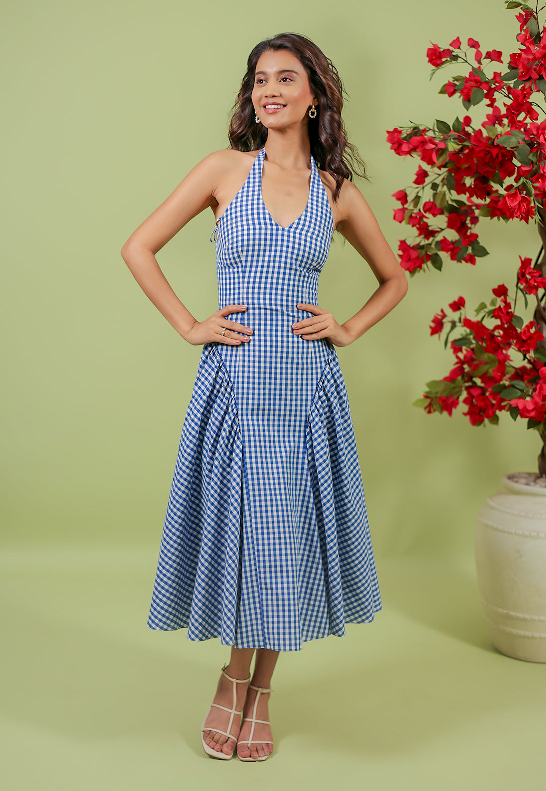 Blue Gingham Midi Dress | Sustainable Vacation & Brunch Wear Nobo M Blue Gingham Midi Dress | Sustainable Vacation & Brunch Wear Nobo M